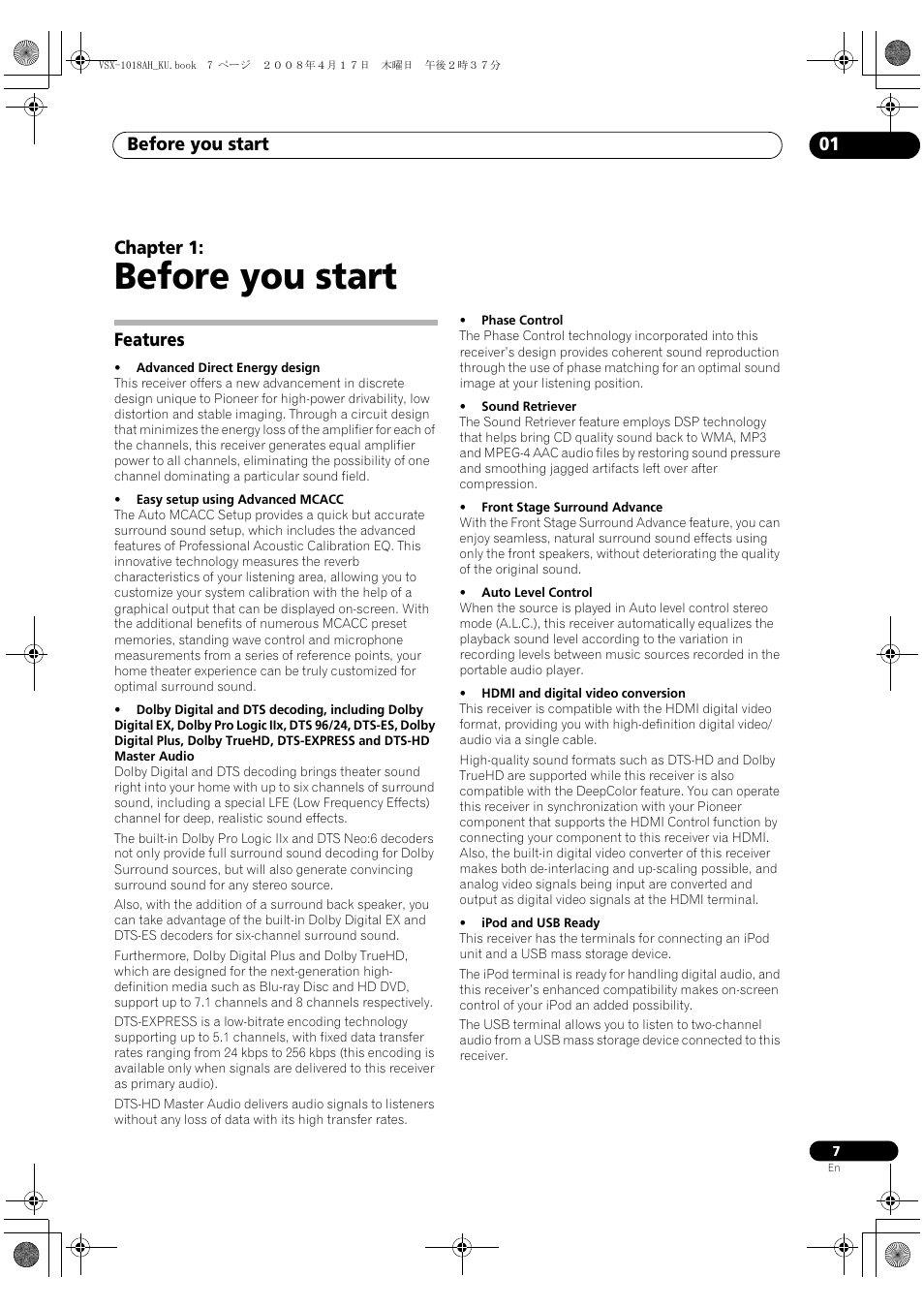 Features, Before you start, Before you start 01 | Chapter 1 | Pioneer VSX-1018AH-K 7 User Manual | Page 7 / 100
