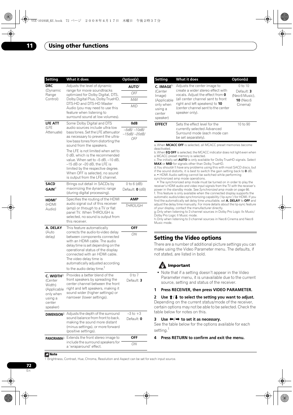 Setting the video options, Using other functions 11 | Pioneer VSX-1018AH-K 7 User Manual | Page 72 / 100