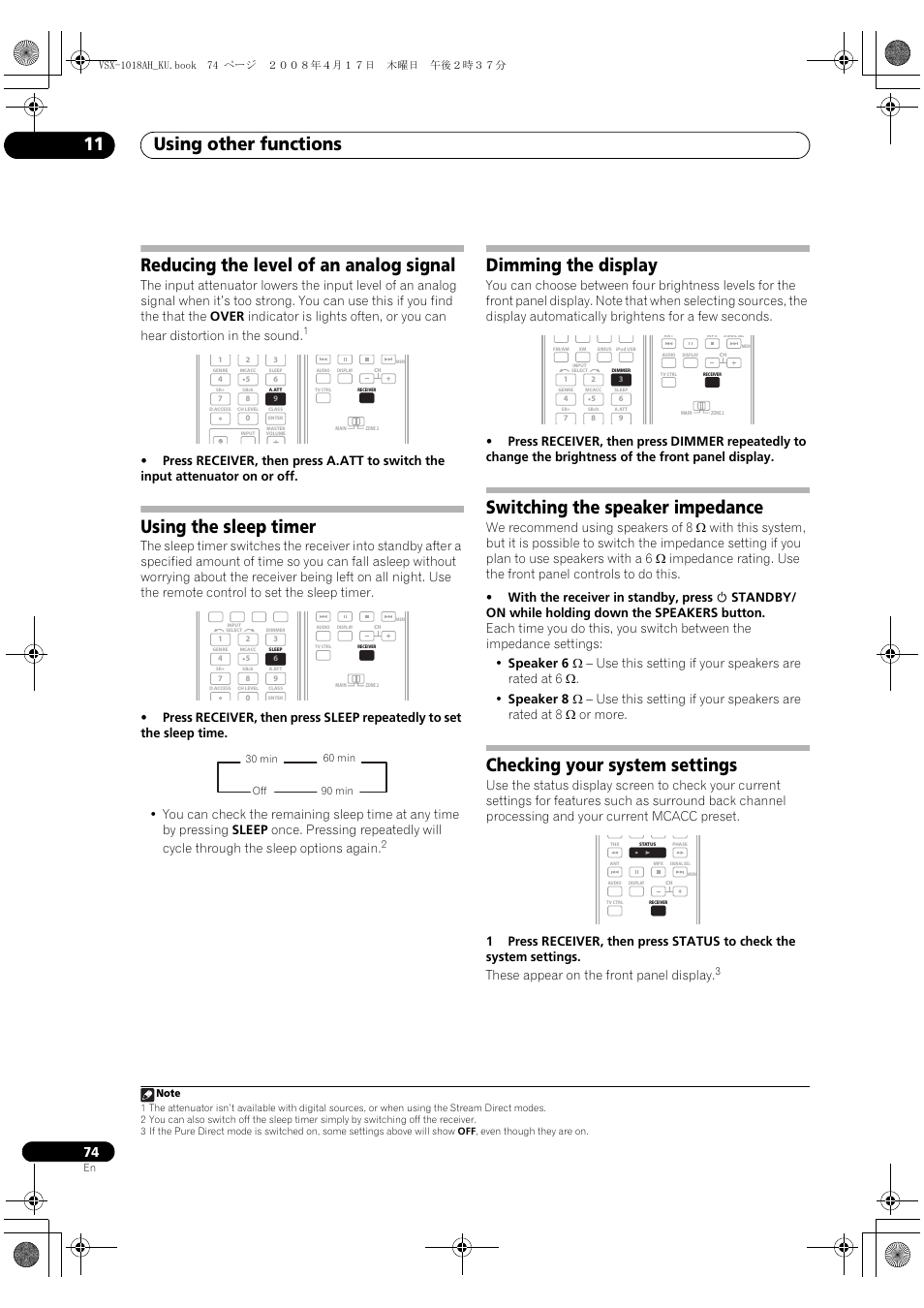Using other functions 11, Reducing the level of an analog signal, Using the sleep timer | Dimming the display, Switching the speaker impedance, Checking your system settings | Pioneer VSX-1018AH-K 7 User Manual | Page 74 / 100