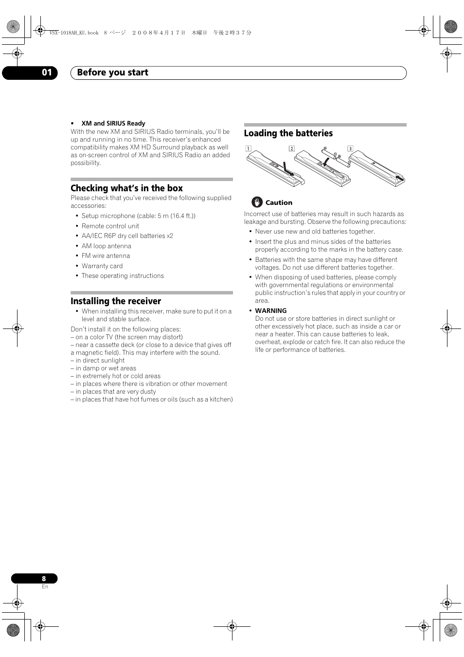 Before you start 01, Checking what’s in the box, Installing the receiver | Loading the batteries | Pioneer VSX-1018AH-K 7 User Manual | Page 8 / 100