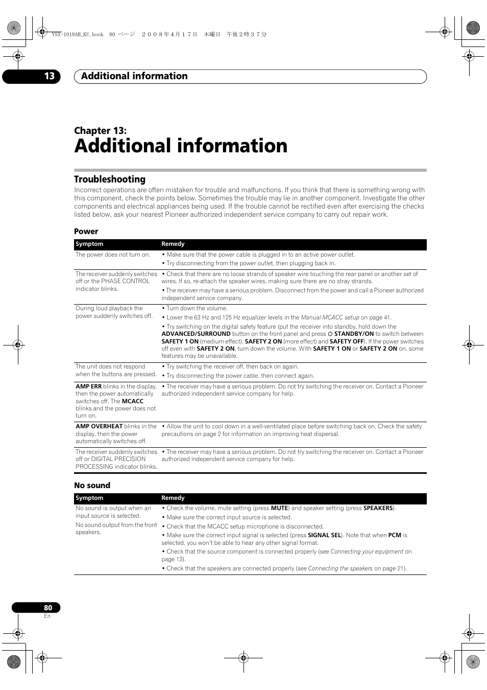 Troubleshooting, Power no sound, Additional information | Additional information 13, Chapter 13 | Pioneer VSX-1018AH-K 7 User Manual | Page 80 / 100