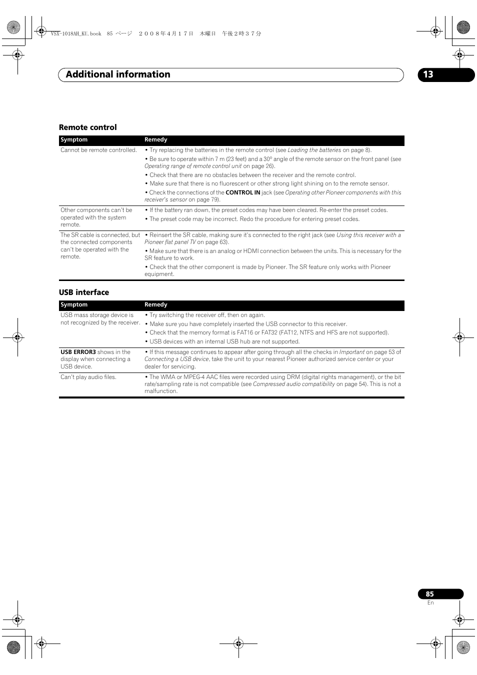 Remote control usb interface, Additional information 13 | Pioneer VSX-1018AH-K 7 User Manual | Page 85 / 100
