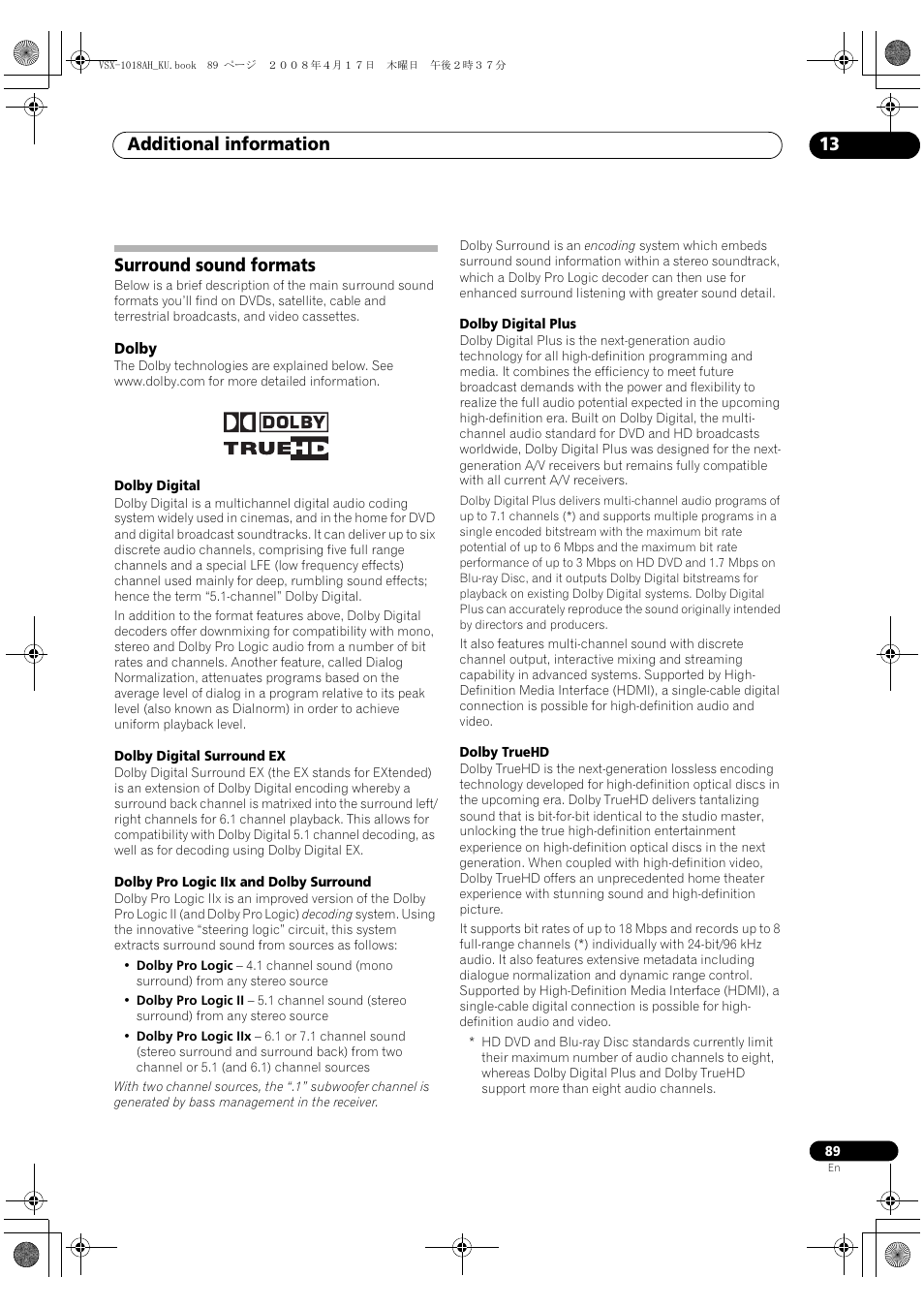 Surround sound formats, Dolby, Additional information 13 | Pioneer VSX-1018AH-K 7 User Manual | Page 89 / 100