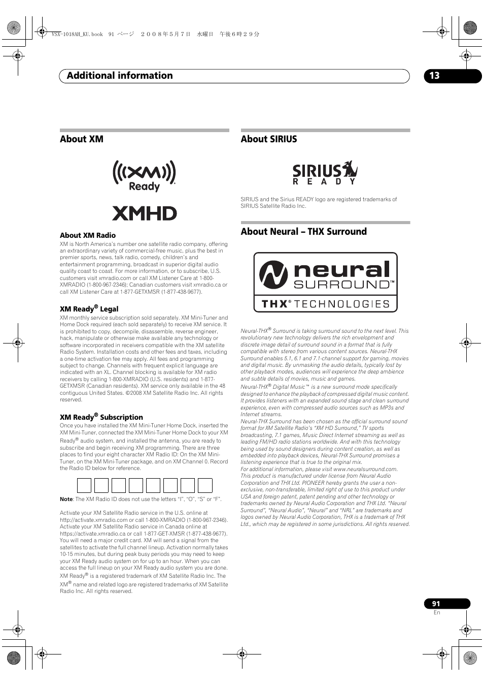 About xm about sirius about neural – thx surround, Additional information 13, About xm | About sirius, About neural – thx surround | Pioneer VSX-1018AH-K 7 User Manual | Page 91 / 100