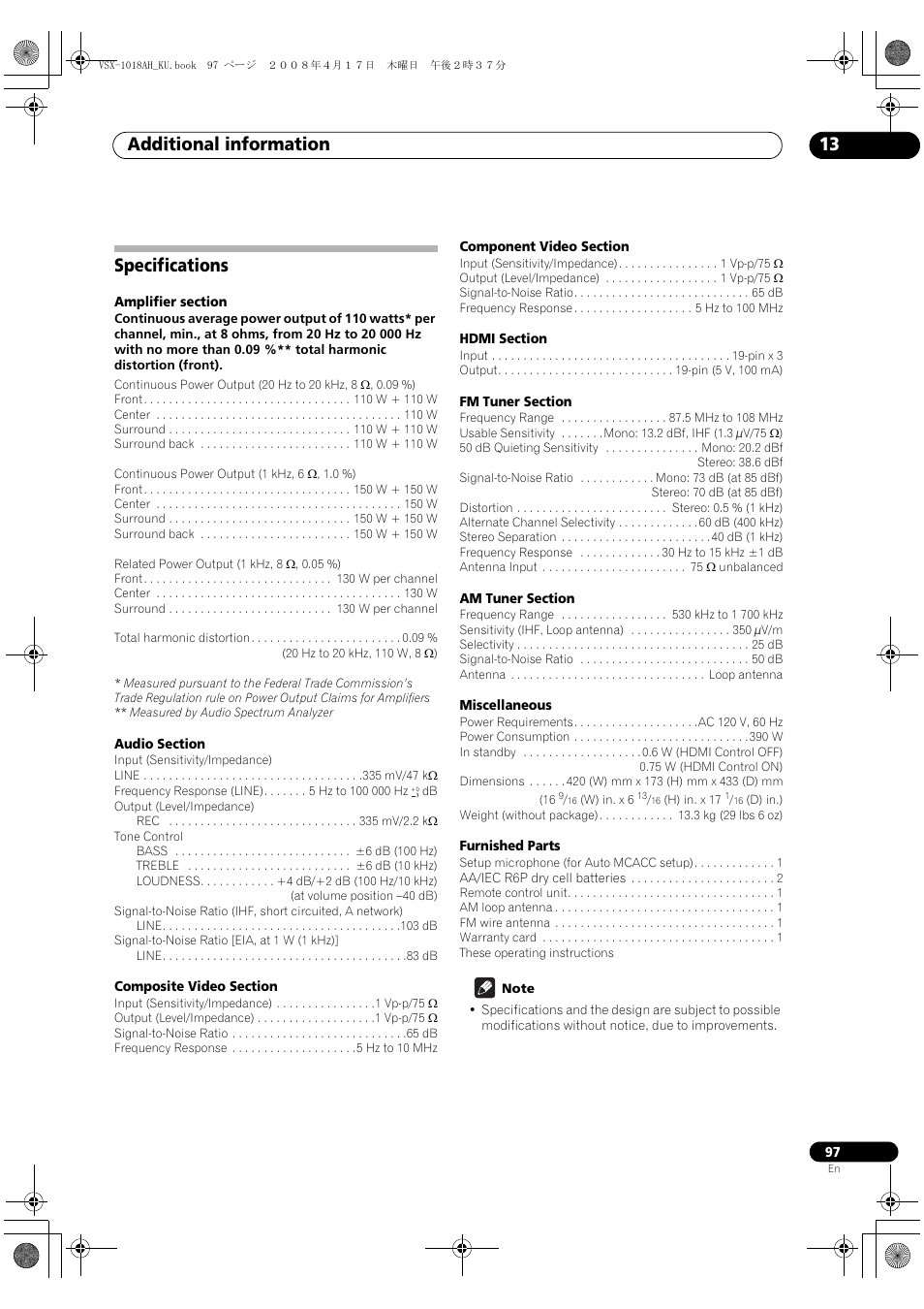 Specifications, Additional information 13 | Pioneer VSX-1018AH-K 7 User Manual | Page 97 / 100