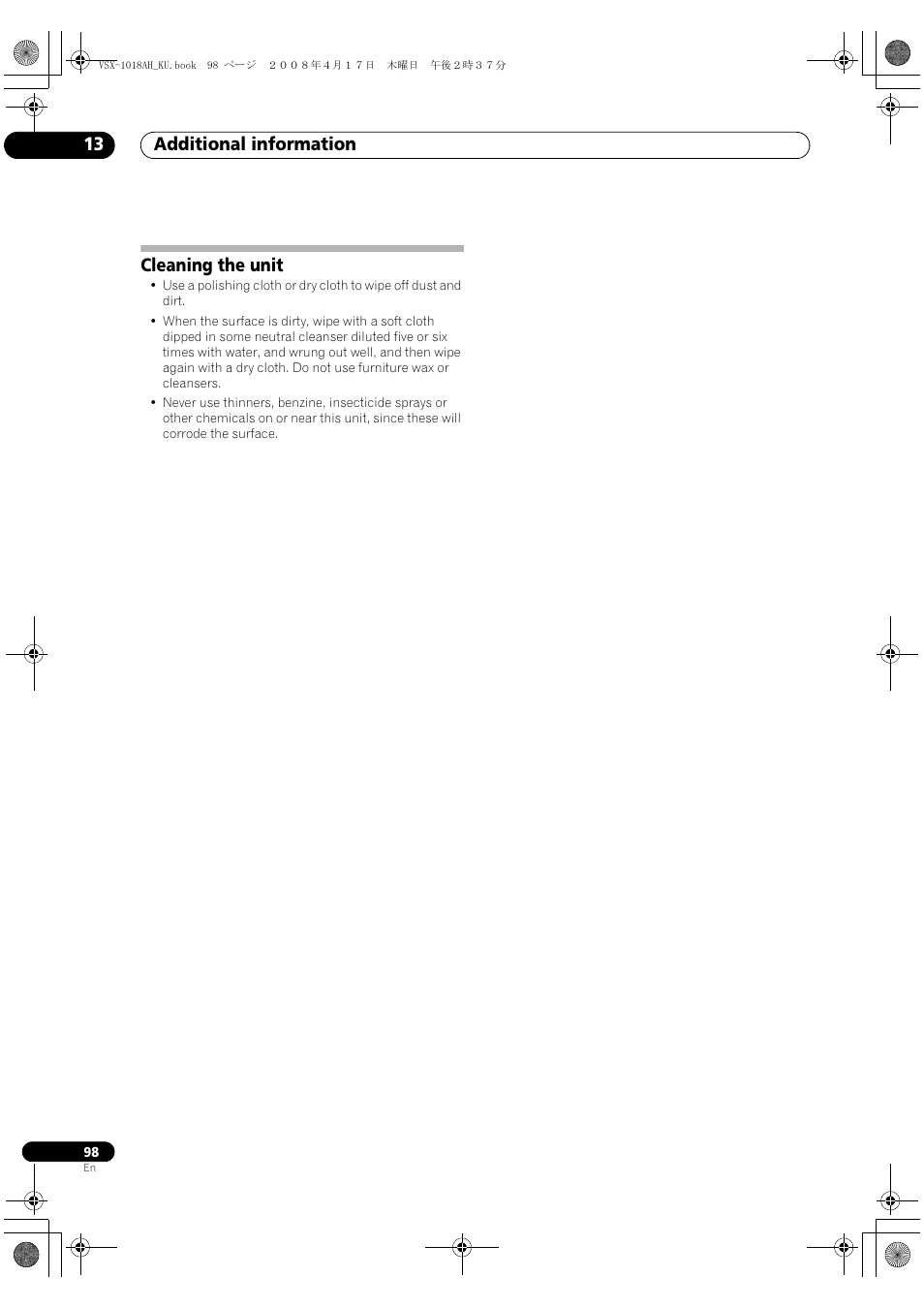 Cleaning the unit, Additional information 13 | Pioneer VSX-1018AH-K 7 User Manual | Page 98 / 100