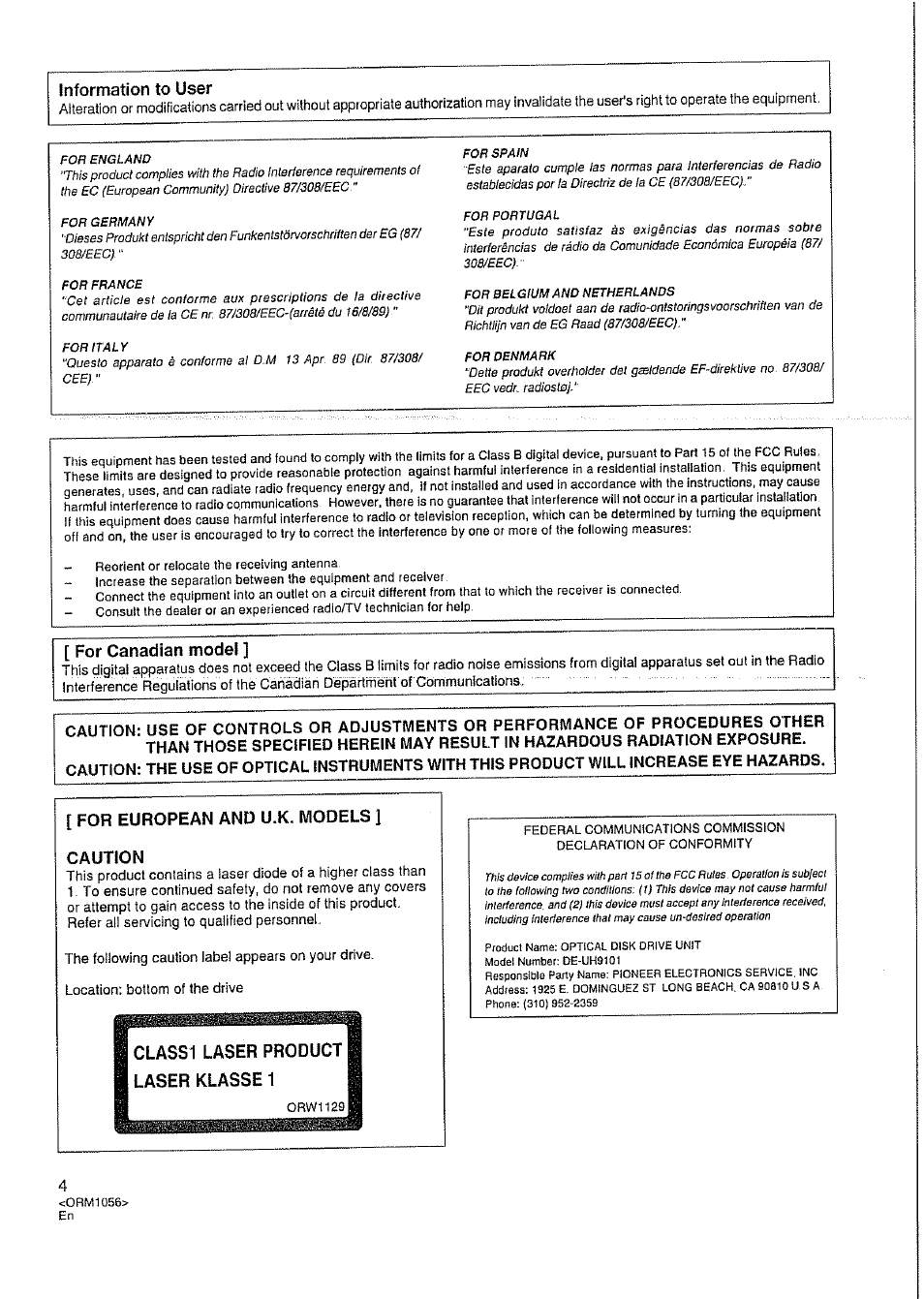 For european and u.k. models ] caution | Pioneer DE-UH9101 User Manual | Page 2 / 5