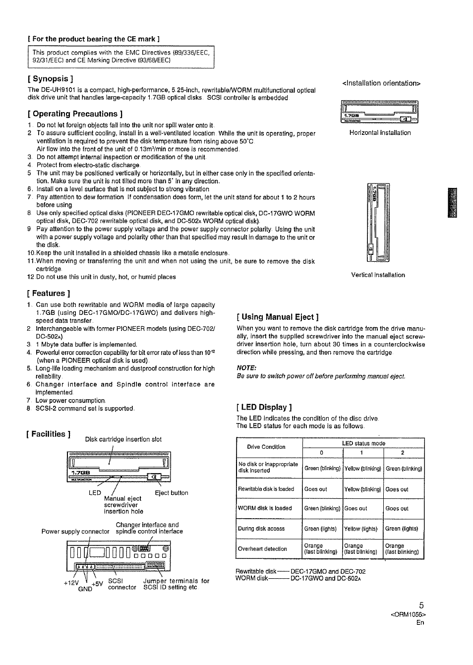 Synopsis, Operating precautions, Features | Using manual eject, Led display, Facilities | Pioneer DE-UH9101 User Manual | Page 3 / 5