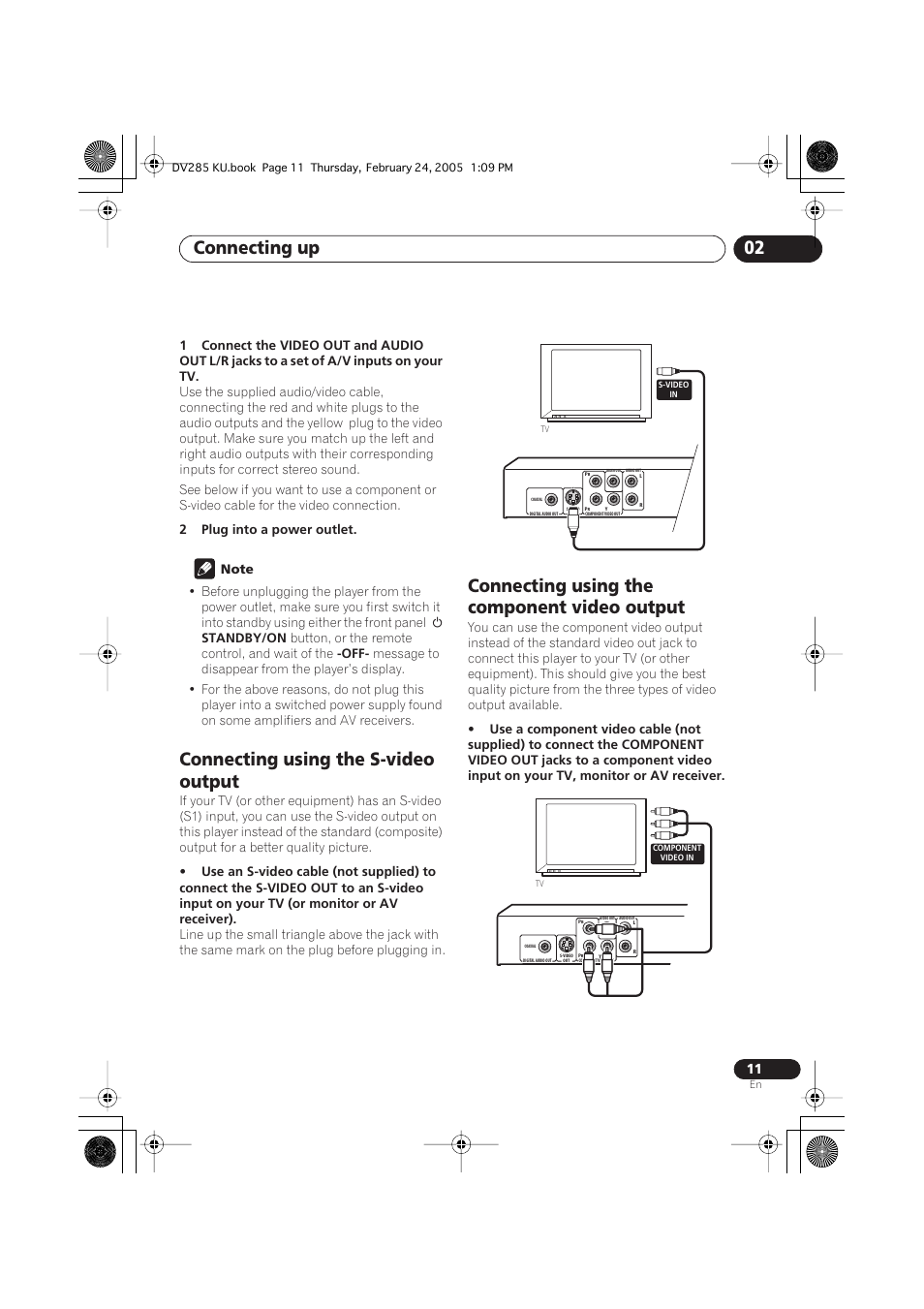 Connecting using the s-video output, Connecting using the component video output, Connecting up 02 | Pioneer DV-280-S User Manual | Page 11 / 42