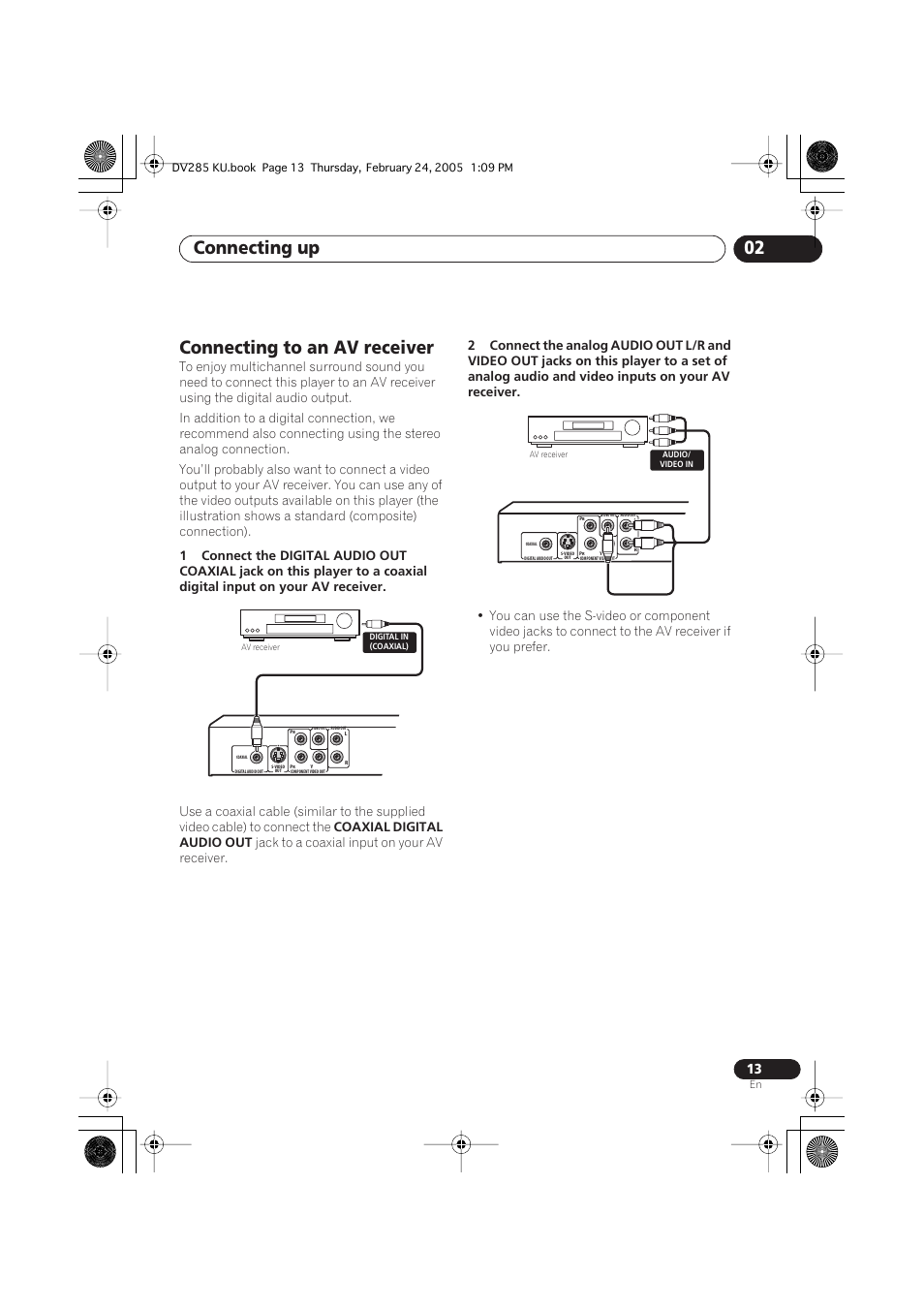 Connecting to an av receiver, Connecting up 02, Coaxial digital audio out | Jack to a coaxial input on your av receiver | Pioneer DV-280-S User Manual | Page 13 / 42