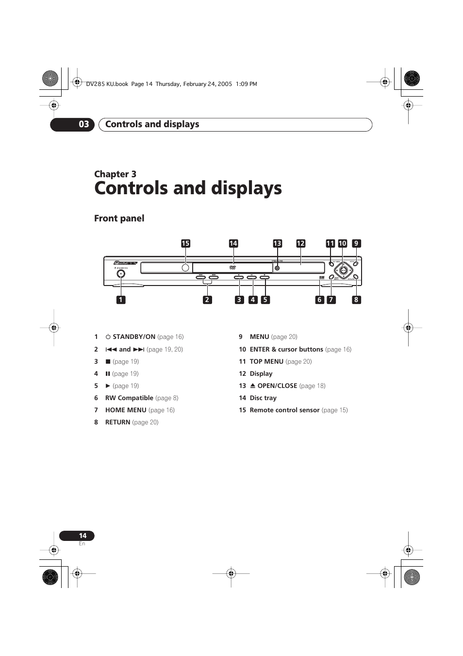 03 controls and displays, Front panel, Controls and displays | Controls and displays 03, Chapter 3 | Pioneer DV-280-S User Manual | Page 14 / 42