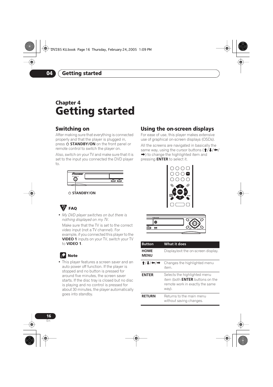 04 getting started, Switching on, Using the on-screen displays | Getting started, Getting started 04, Chapter 4 | Pioneer DV-280-S User Manual | Page 16 / 42