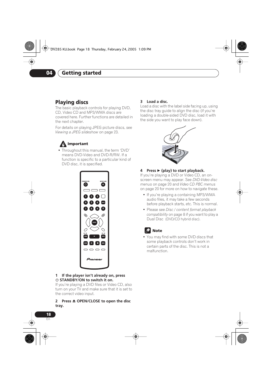 Playing discs, Getting started 04 | Pioneer DV-280-S User Manual | Page 18 / 42