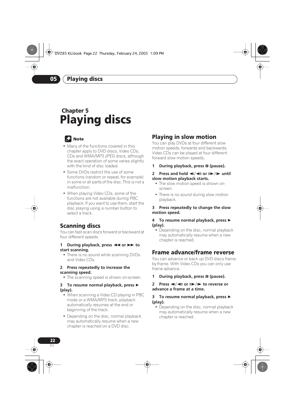 05 playing discs, Scanning discs, Playing in slow motion | Frame advance/frame reverse, Playing discs, Playing discs 05, Chapter 5 | Pioneer DV-280-S User Manual | Page 22 / 42