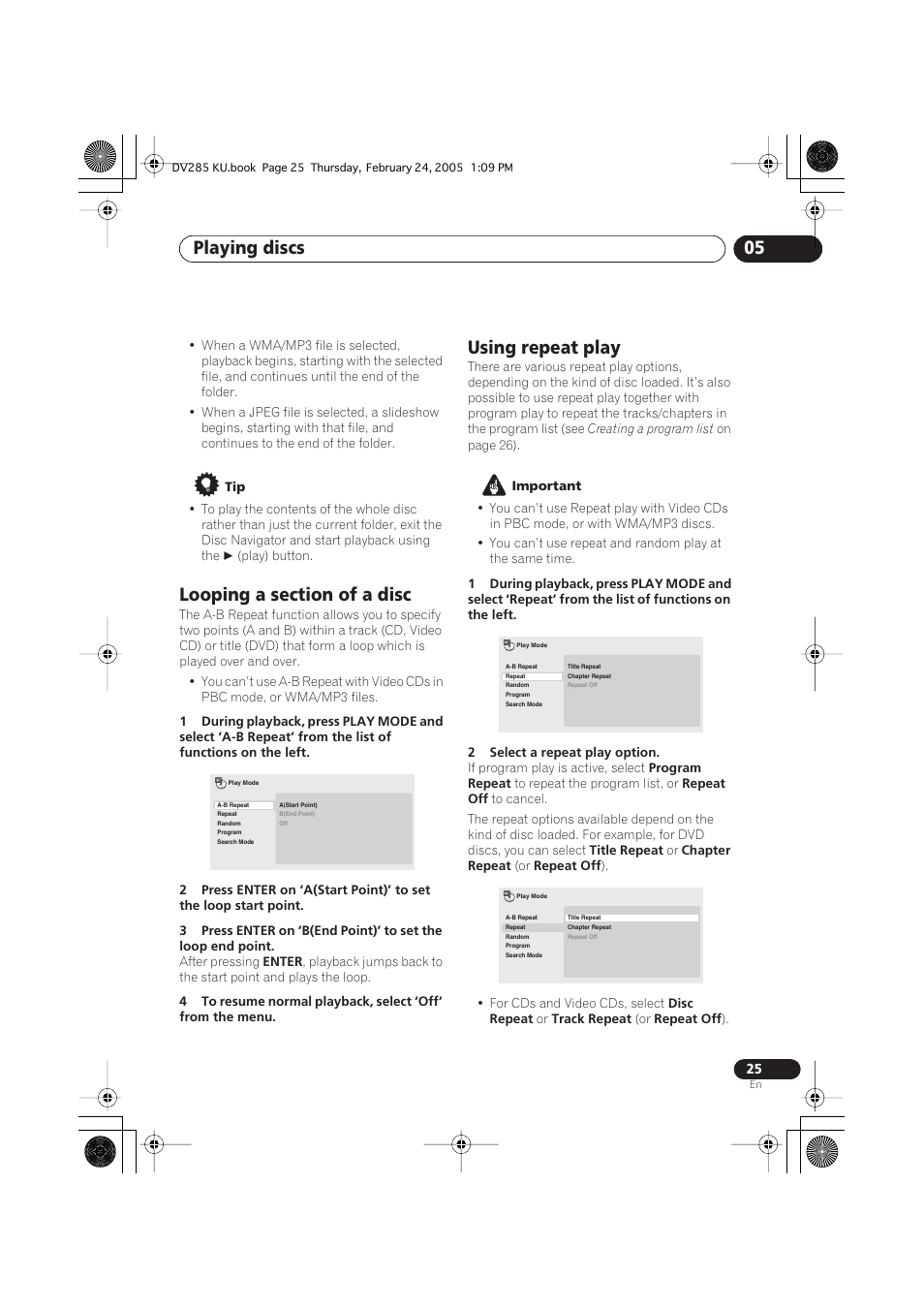 Looping a section of a disc, Using repeat play, Playing discs 05 | Pioneer DV-280-S User Manual | Page 25 / 42