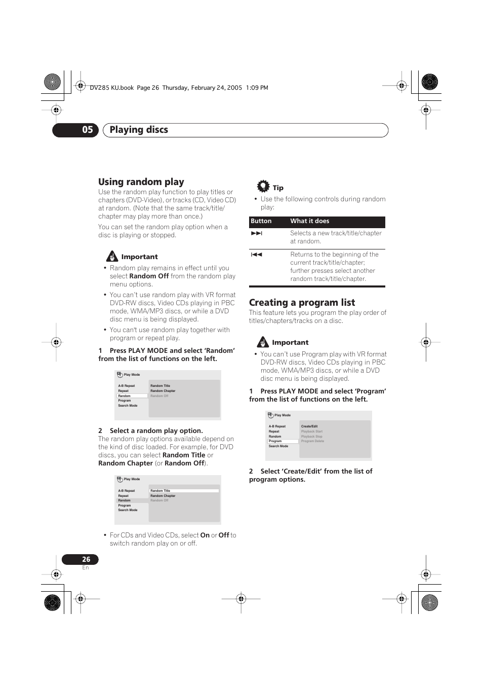 Using random play, Creating a program list, Playing discs 05 | Pioneer DV-280-S User Manual | Page 26 / 42