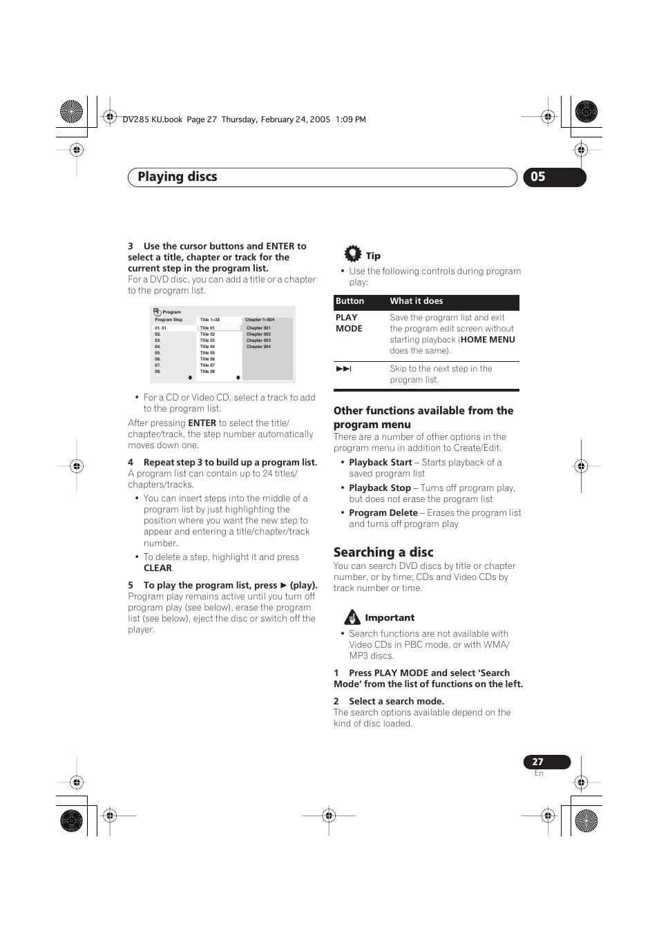 Searching a disc, Playing discs 05 | Pioneer DV-280-S User Manual | Page 27 / 42