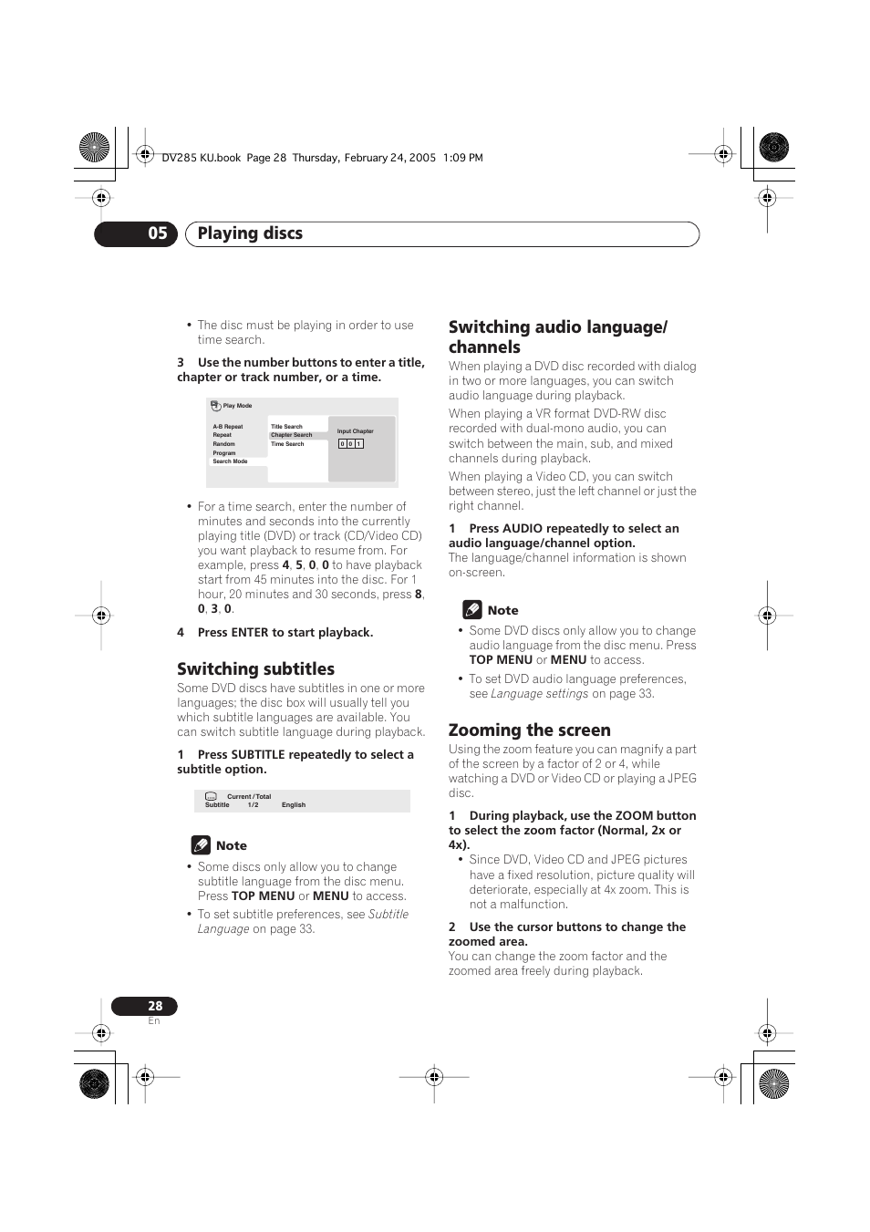 Switching subtitles, Switching audio language/channels, Zooming the screen | Playing discs 05, Switching audio language/ channels | Pioneer DV-280-S User Manual | Page 28 / 42