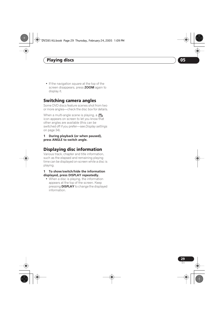 Switching camera angles, Displaying disc information, Playing discs 05 | Pioneer DV-280-S User Manual | Page 29 / 42