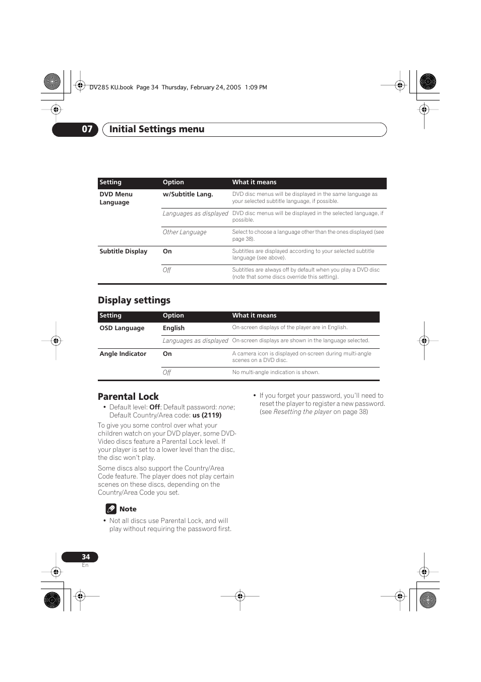 Display settings, Parental lock, Initial settings menu 07 | Display settings parental lock | Pioneer DV-280-S User Manual | Page 34 / 42