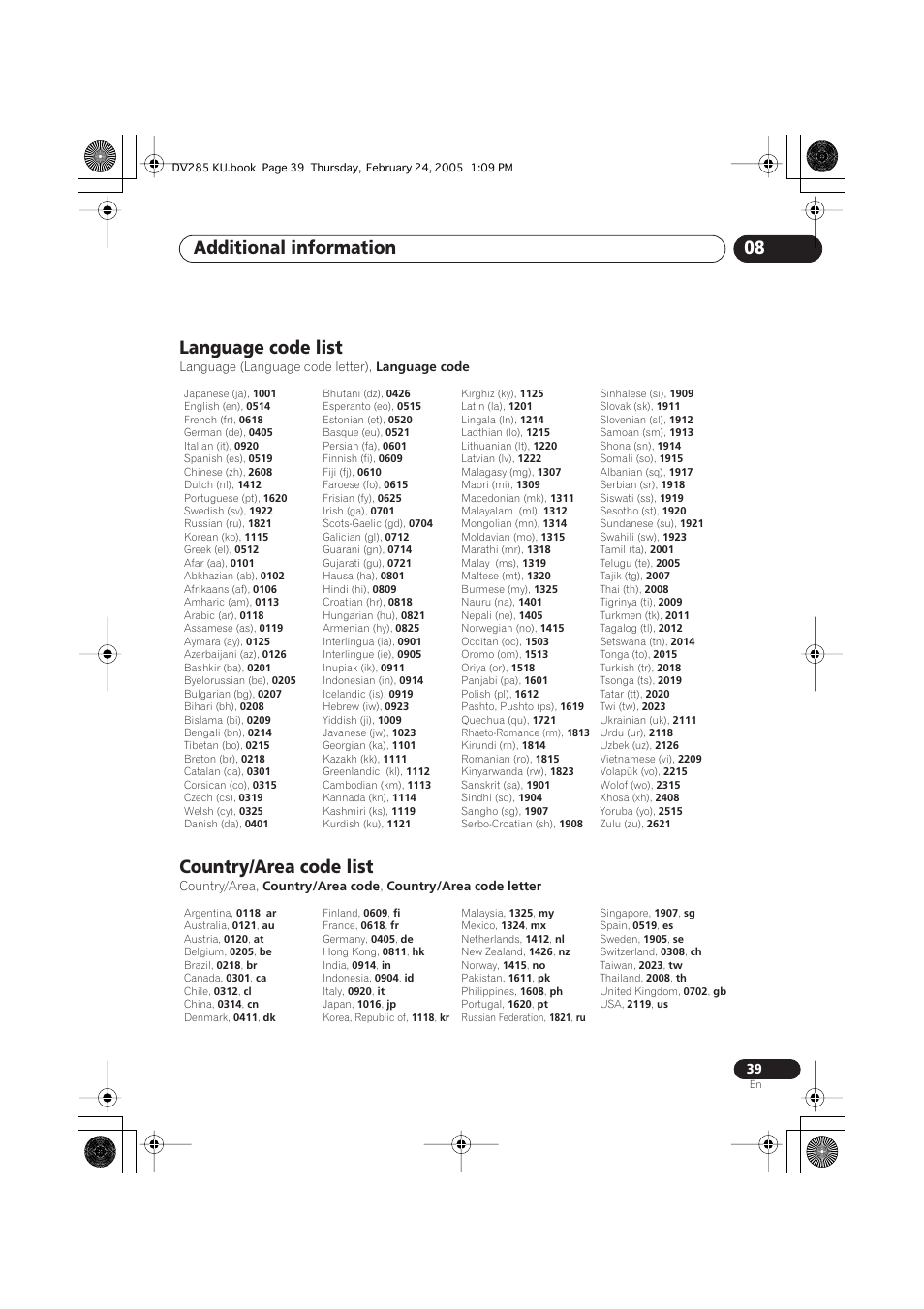 Language code list, Country/area code list, Additional information 08 | Pioneer DV-280-S User Manual | Page 39 / 42