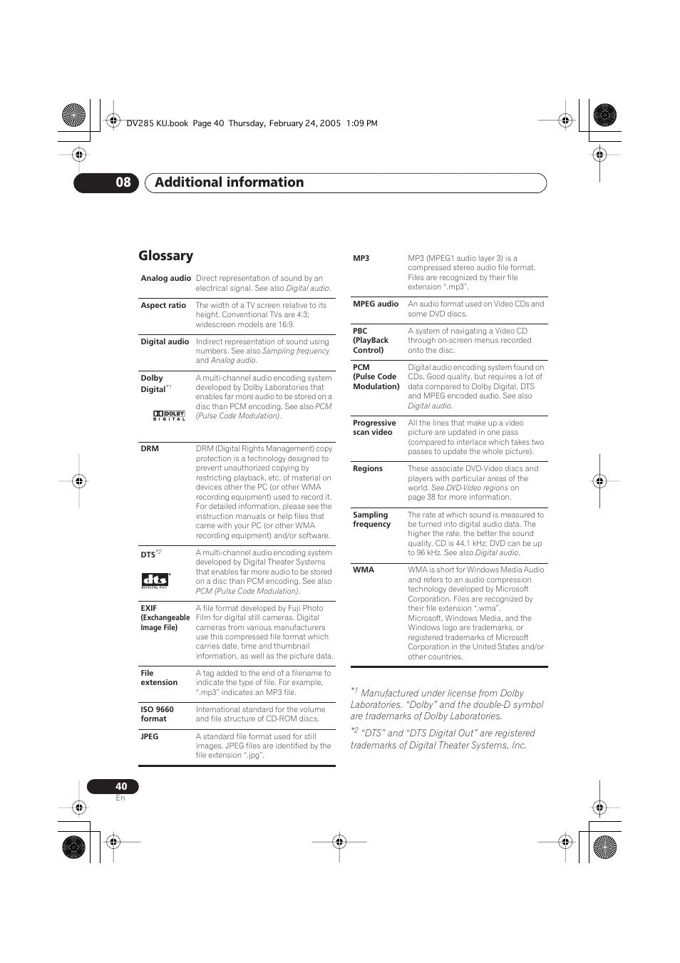 Glossary, Additional information 08 | Pioneer DV-280-S User Manual | Page 40 / 42