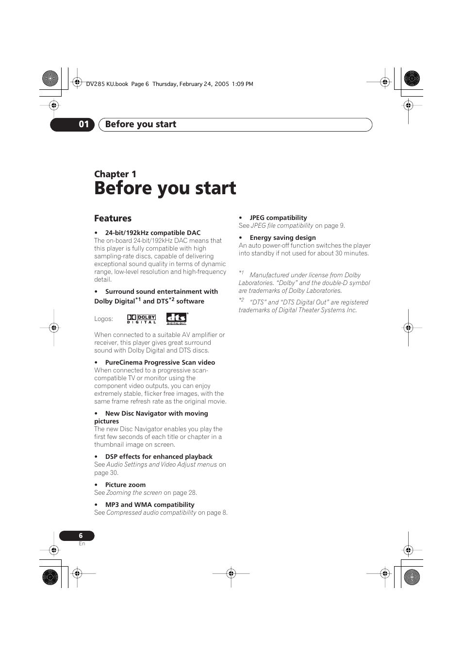01 before you start, Features, Before you start | Before you start 01, Chapter 1 | Pioneer DV-280-S User Manual | Page 6 / 42