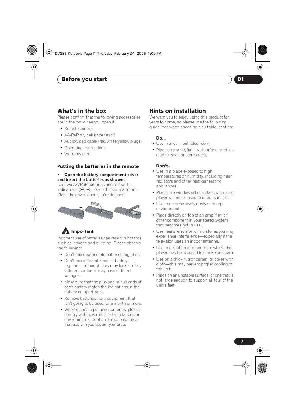 What’s in the box, Hints on installation, Before you start 01 | Pioneer DV-280-S User Manual | Page 7 / 42