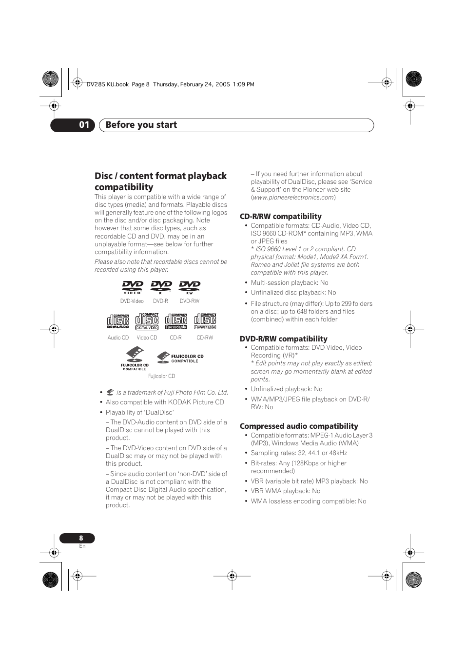 Disc / content format playback compatibility, Before you start 01 | Pioneer DV-280-S User Manual | Page 8 / 42