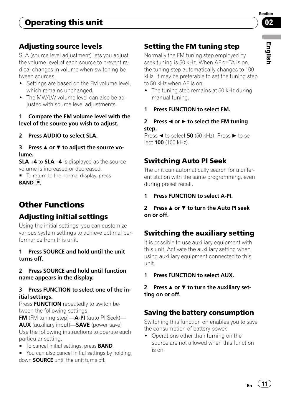 Adjusting source levels 11, Other functions, Adjusting initial settings 11 | Setting the fm tuning step 11, Switching auto pi seek 11, Switching the auxiliary setting 11, Saving the battery consumption 11, Operating this unit | Pioneer DEH-1000E User Manual | Page 11 / 107