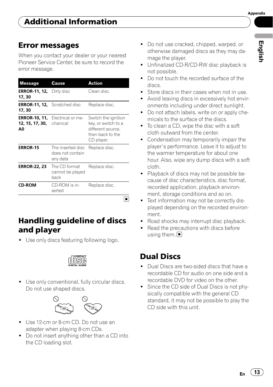 Additional information error messages, Handling guideline of discs and player, Dual discs | Error messages, Additional information | Pioneer DEH-1000E User Manual | Page 13 / 107