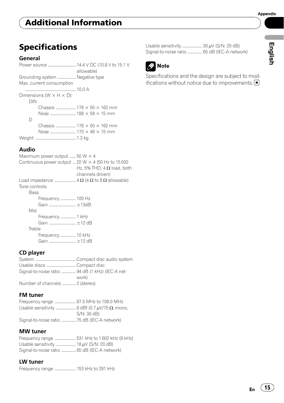 Specifications, Additional information, English | Pioneer DEH-1000E User Manual | Page 15 / 107