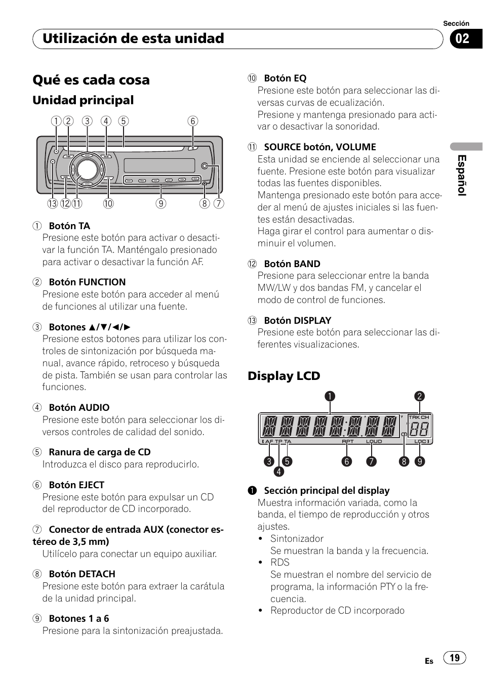 Utilización de esta unidad qué es cada cosa, Unidad principal 19, Display lcd 19 | Qué es cada cosa, Utilización de esta unidad | Pioneer DEH-1000E User Manual | Page 19 / 107