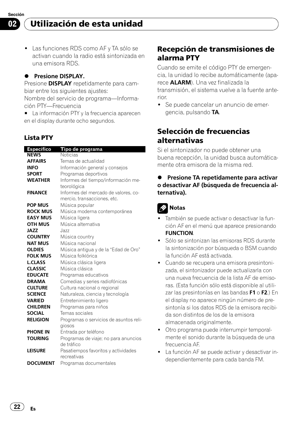 Recepción de transmisiones de alarma, Selección de frecuencias, Alternativas | Utilización de esta unidad, Recepción de transmisiones de alarma pty, Selección de frecuencias alternativas, Lista pty | Pioneer DEH-1000E User Manual | Page 22 / 107