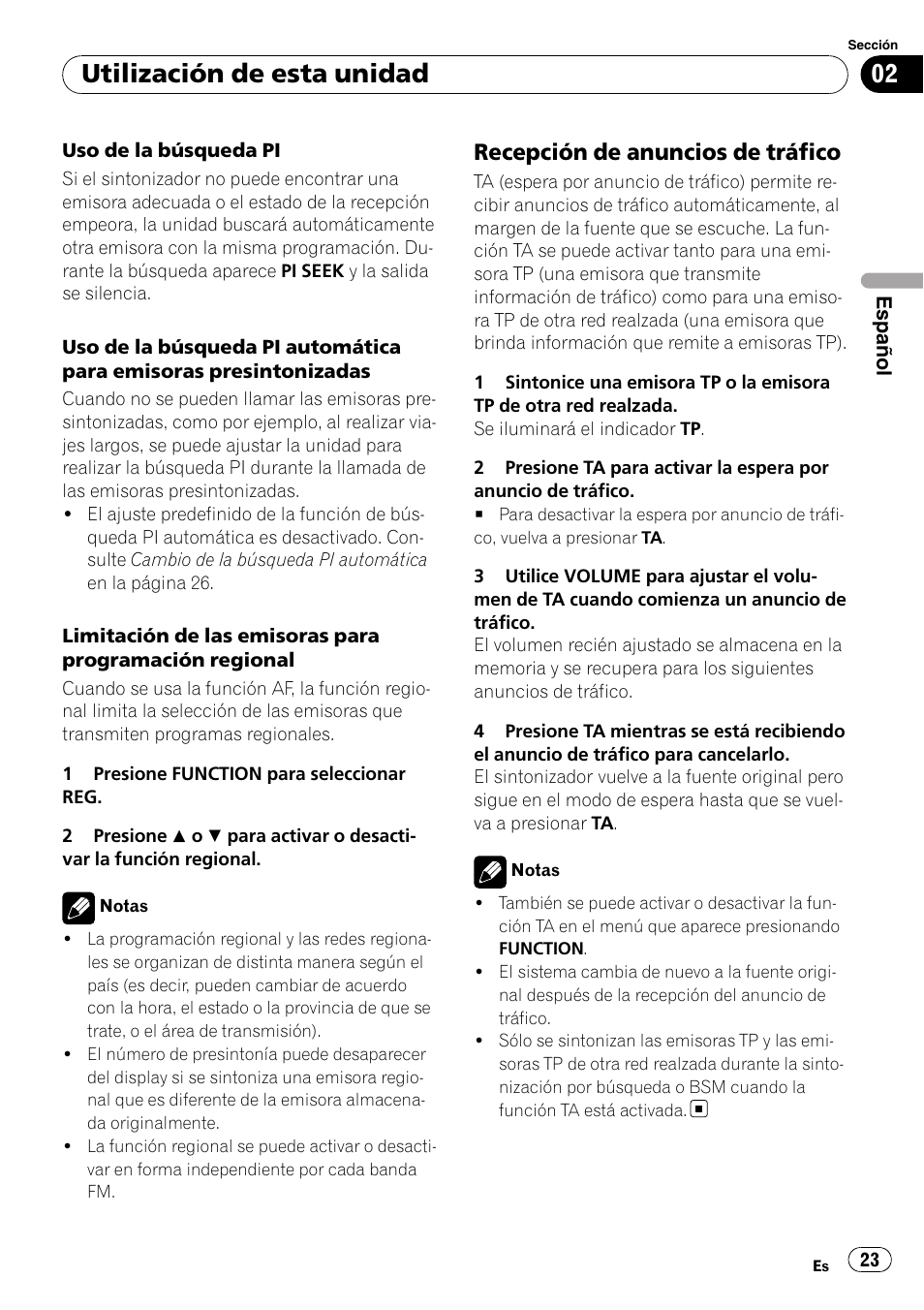 Recepción de anuncios de tráfico 23, Utilización de esta unidad, Recepción de anuncios de tráfico | Pioneer DEH-1000E User Manual | Page 23 / 107