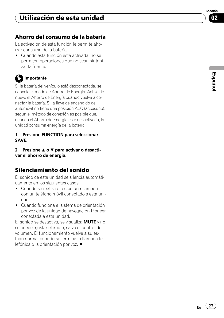 Ahorro del consumo de la batería 27, Silenciamiento del sonido 27, Utilización de esta unidad | Pioneer DEH-1000E User Manual | Page 27 / 107