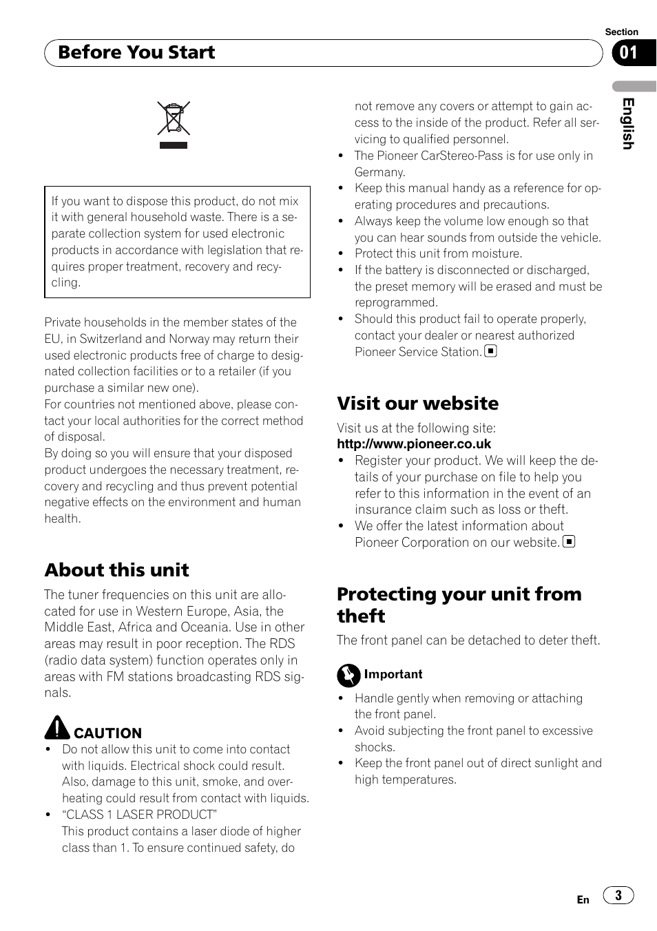 Before you start, About this unit, Visit our website | Protecting your unit from theft | Pioneer DEH-1000E User Manual | Page 3 / 107