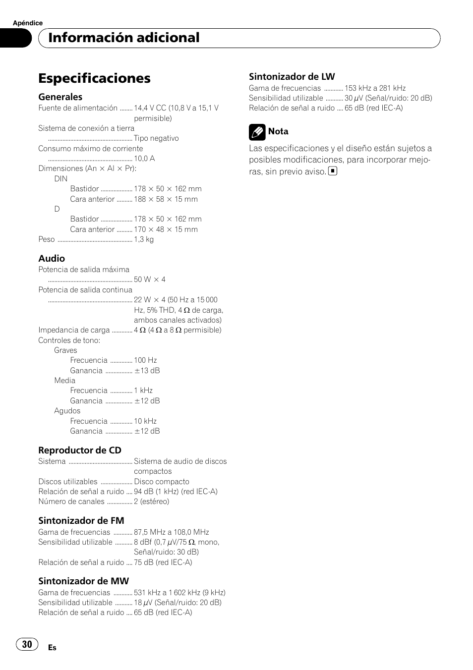 Especificaciones, Información adicional | Pioneer DEH-1000E User Manual | Page 30 / 107