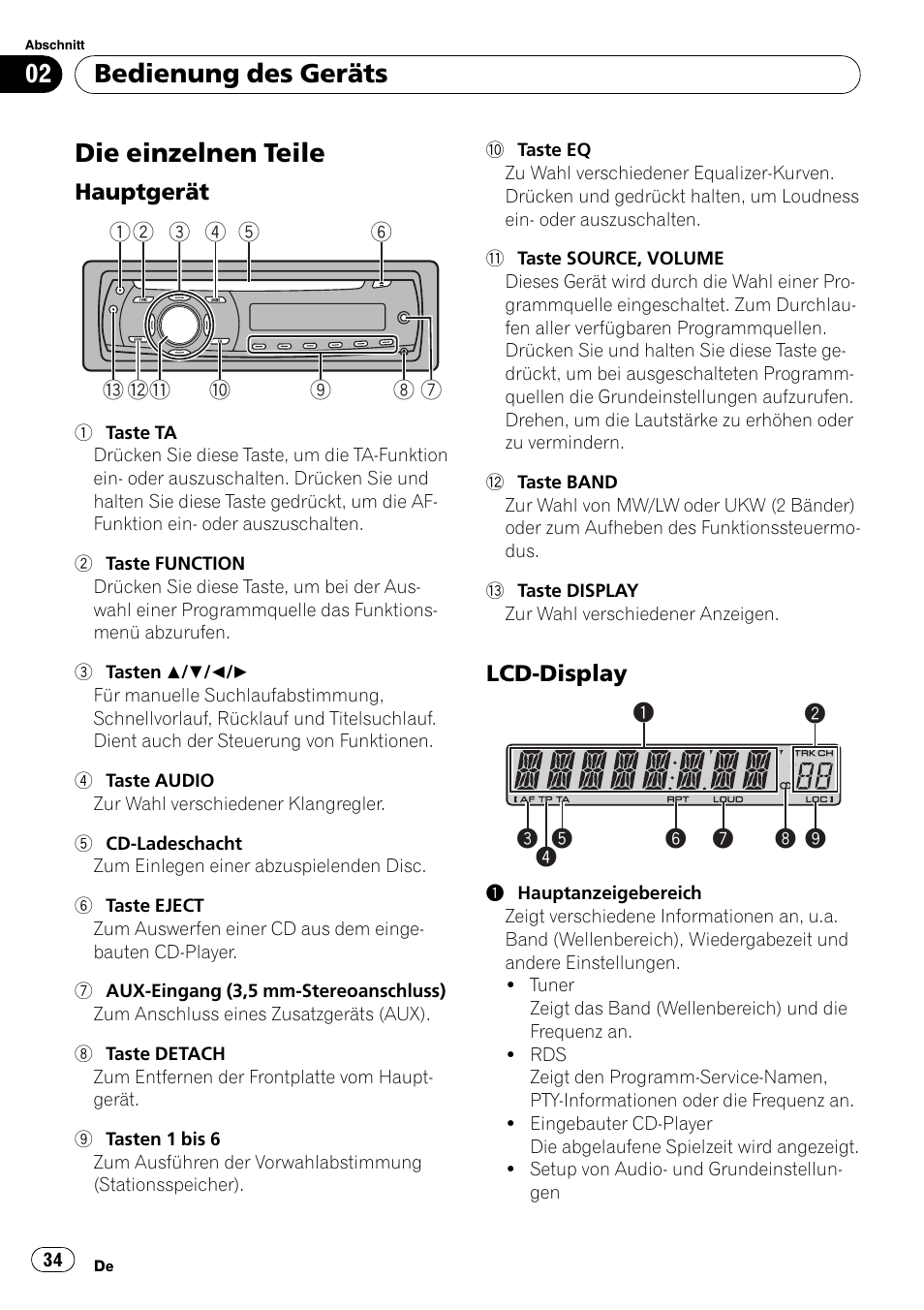 Bedienung des geräts die einzelnen teile, Hauptgerät 34, Lcd-display 34 | Die einzelnen teile, Bedienung des geräts | Pioneer DEH-1000E User Manual | Page 34 / 107