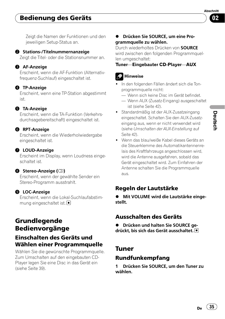 Grundlegende bedienvorgänge, Einschalten des geräts und wählen, Einer programmquelle | Regeln der lautstärke 35, Ausschalten des geräts 35, Tuner, Rundfunkempfang 35, Bedienung des geräts | Pioneer DEH-1000E User Manual | Page 35 / 107