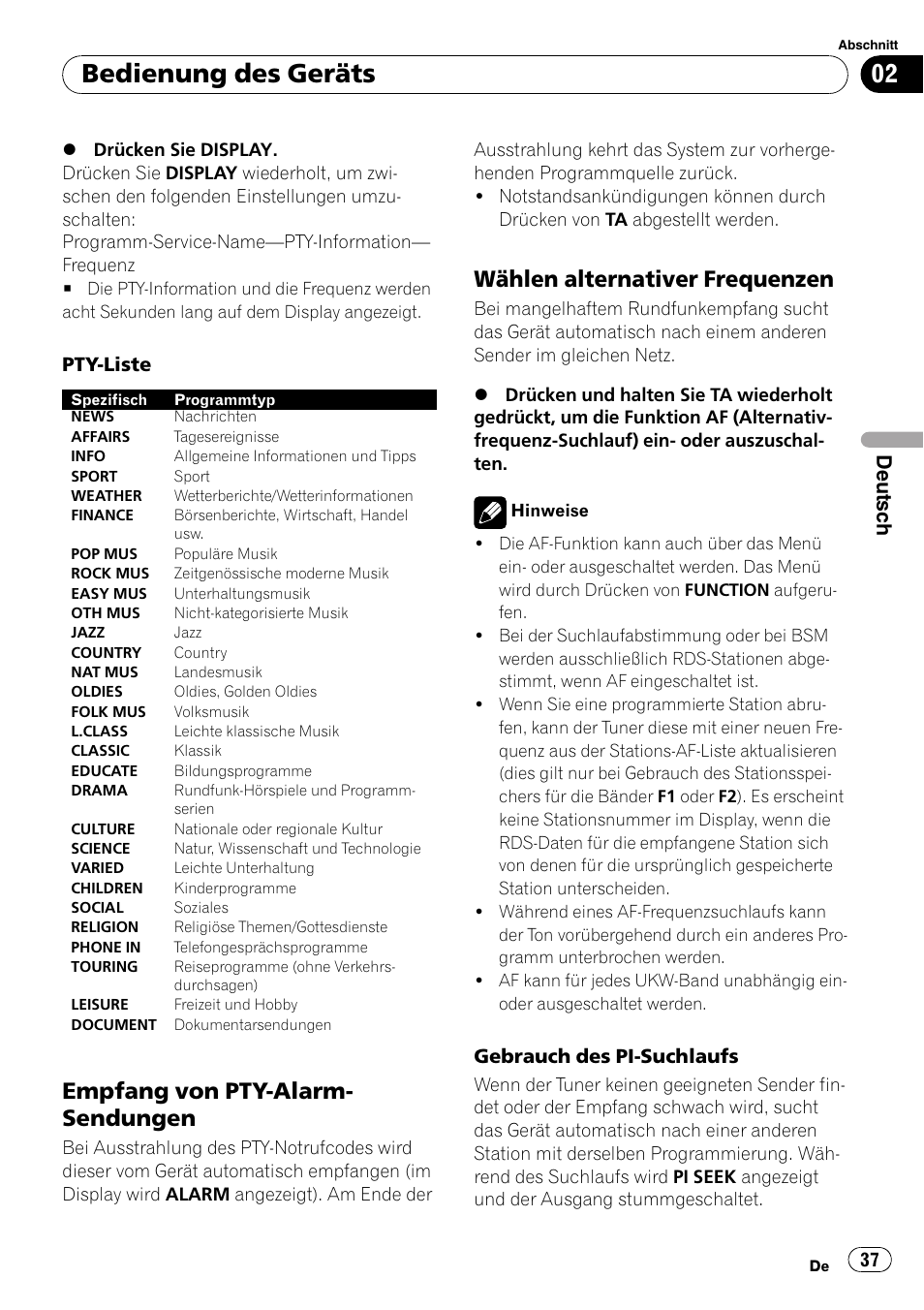 Empfang von pty-alarm, Sendungen, Wählen alternativer frequenzen 37 | Bedienung des geräts, Empfang von pty-alarm- sendungen, Wählen alternativer frequenzen, Deutsch | Pioneer DEH-1000E User Manual | Page 37 / 107
