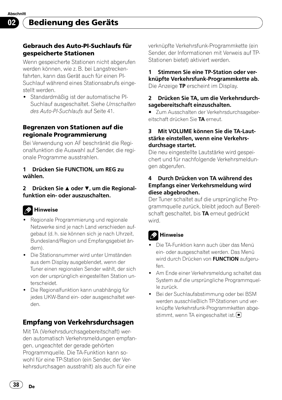 Empfang von verkehrsdurchsagen 38, Bedienung des geräts, Empfang von verkehrsdurchsagen | Pioneer DEH-1000E User Manual | Page 38 / 107