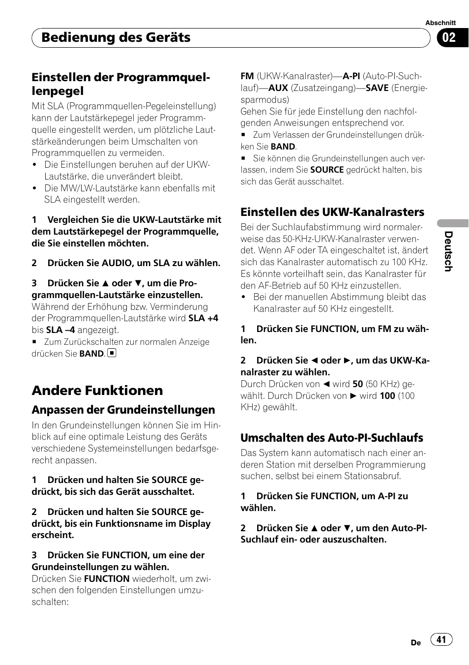 Einstellen der, Programmquellenpegel, Andere funktionen | Anpassen der grundeinstellungen 41, Einstellen des ukw-kanalrasters 41, Umschalten des auto-pi, Suchlaufs, Bedienung des geräts, Einstellen der programmquel- lenpegel, Anpassen der grundeinstellungen | Pioneer DEH-1000E User Manual | Page 41 / 107