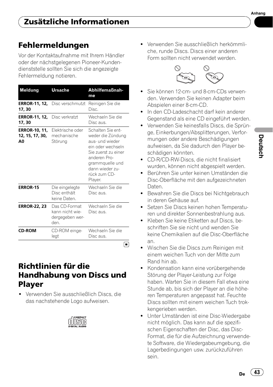 Zusätzliche informationen fehlermeldungen, Richtlinien für die handhabung von discs, Und player | Fehlermeldungen, Zusätzliche informationen | Pioneer DEH-1000E User Manual | Page 43 / 107
