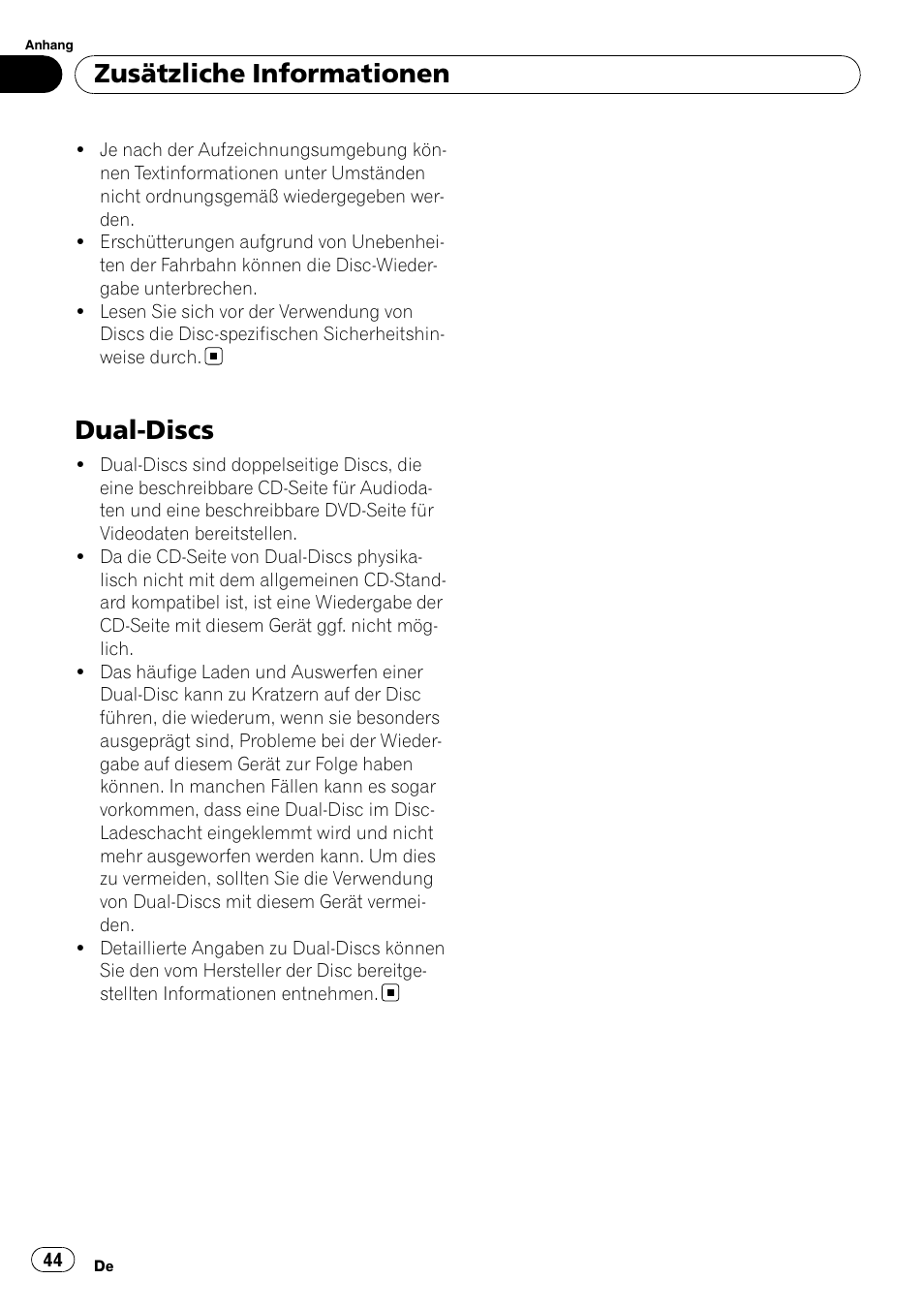 Dual-discs, Zusätzliche informationen | Pioneer DEH-1000E User Manual | Page 44 / 107