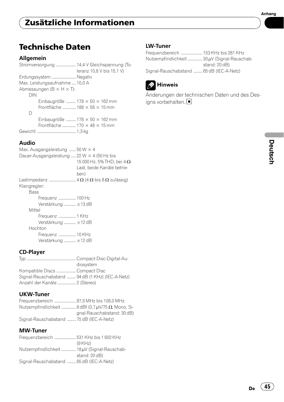 Technische daten, Zusätzliche informationen, Deutsch | Pioneer DEH-1000E User Manual | Page 45 / 107