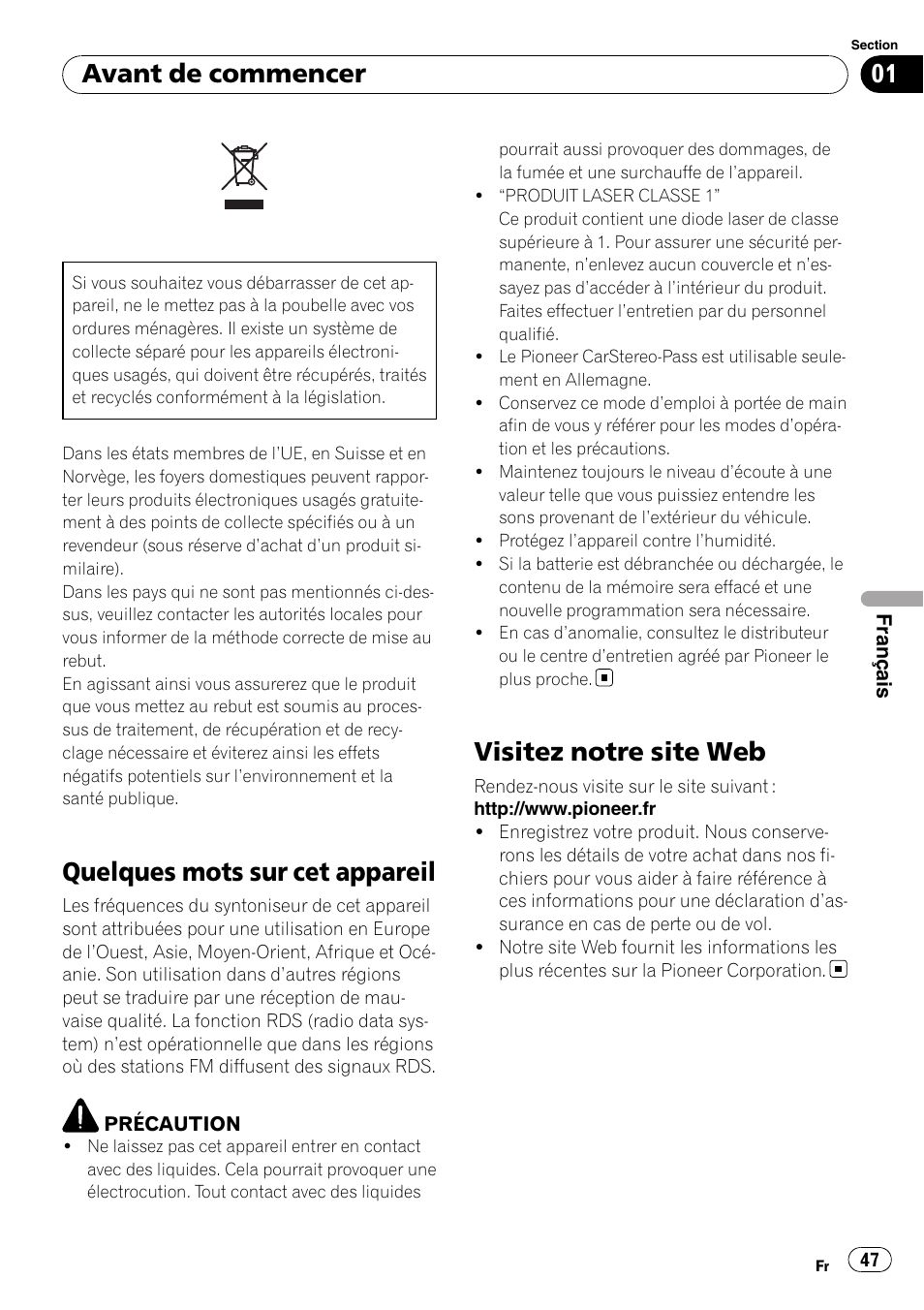 Avant de commencer, Quelques mots sur cet appareil, Visitez notre site web | Pioneer DEH-1000E User Manual | Page 47 / 107