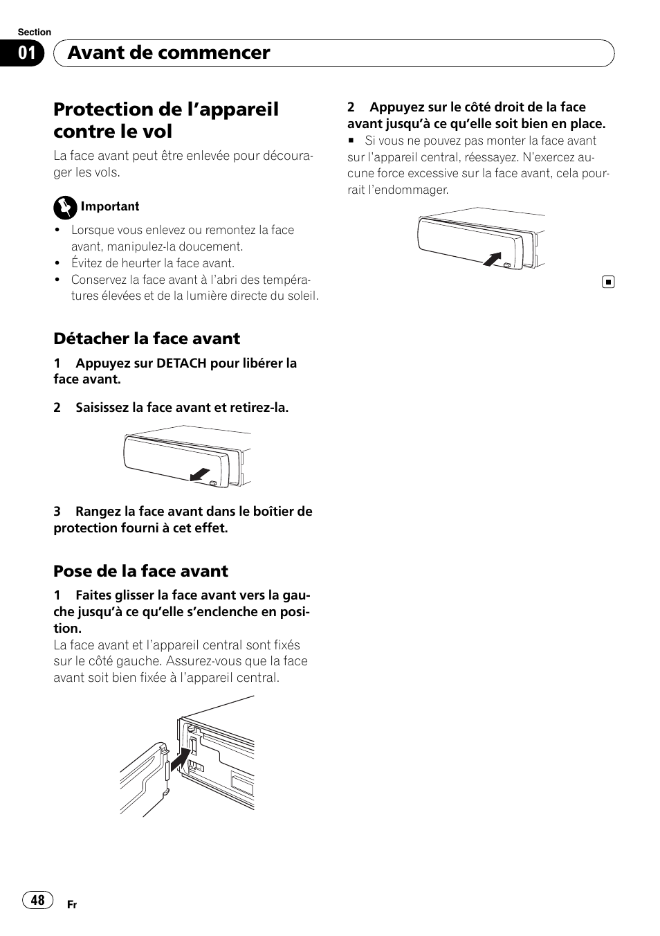 Protection de l, Appareil contre le vol 48, Détacher la face avant 48 | Pose de la face avant 48, Protection de l ’appareil contre le vol, Avant de commencer | Pioneer DEH-1000E User Manual | Page 48 / 107