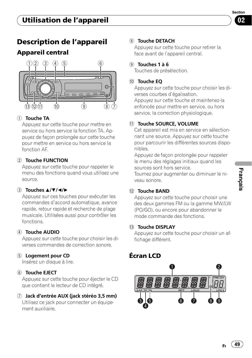 Utilisation de l, Appareil, Description de l | Appareil 49, Appareil central 49, Écran lcd 49, Description de l ’appareil, Utilisation de l ’appareil | Pioneer DEH-1000E User Manual | Page 49 / 107