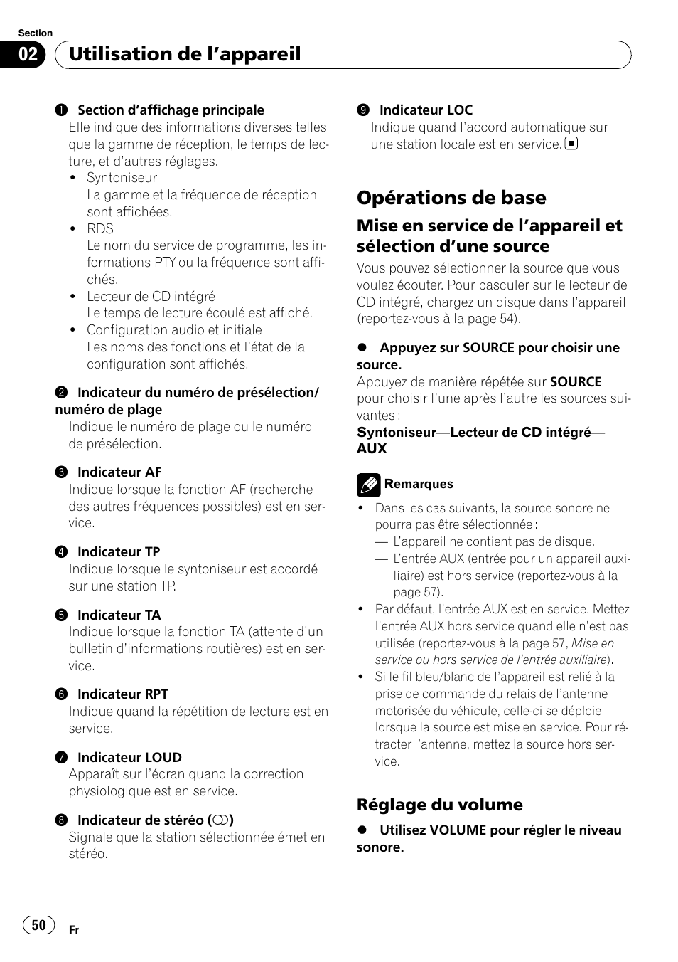 Opérations de base, Mise en service de l’appareil et, Sélection d | Une source 50, Réglage du volume 50, Utilisation de l ’appareil, Réglage du volume | Pioneer DEH-1000E User Manual | Page 50 / 107